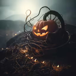 a pumpkin in a basket on top of some branches