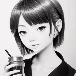 an anime girl is holding a drink and pencil drawing