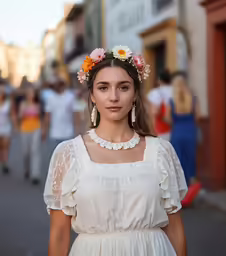 a woman in a white dress stands in the street