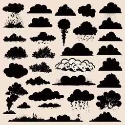 an illustration of different types of clouds,a group of clouds that have been drawn with black ink