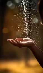 a young woman is shown with rain falling from her hands