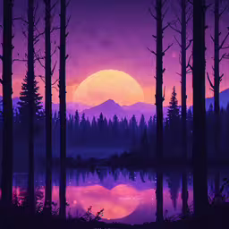 a landscape with mountains and trees, purple sunset,a purple, blue and yellow sunset with pine trees