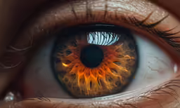 an eye with an orange eyeball that has bright light on it