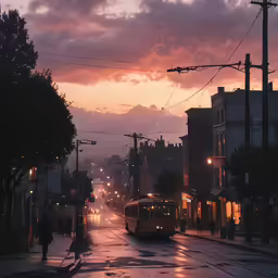 a city street with cars on it in the evening