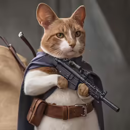 a cat is dressed up in a costume holding a weapon