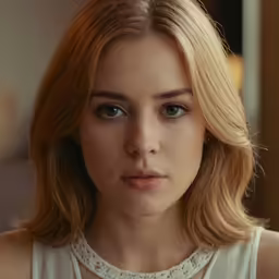 a blonde woman in white tank top and black necklace