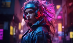 a young girl in headphones is looking to the side