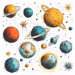 a drawing of the planets, stars and other objects in space