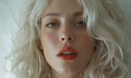 a doll has a blond wig and is wearing red lipstick