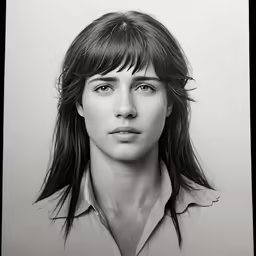 a woman with bangs and blue eyes is shown in a black and white photograph