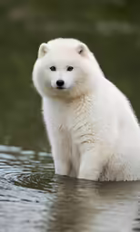 a polar bear sitting in water near grass