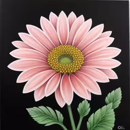 there is a flower painted on the back of a black canvas,a painting with pink and green flowers painted on a black background