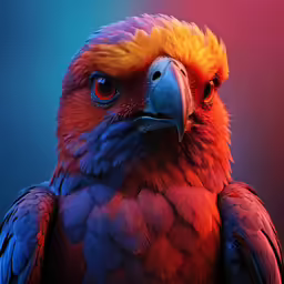 a multicolored bird sits on a pink and blue background