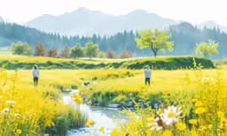 there are two people standing in a field next to a stream