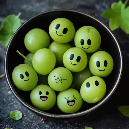 a metal bowl filled with green apples with faces drawn on them