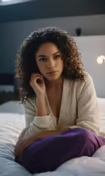 a woman in white sweater sitting on a bed