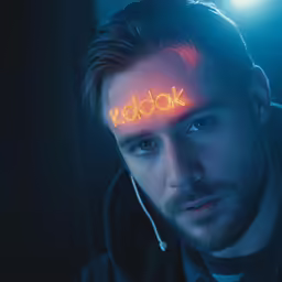 a man wearing headphones has neon lights reading kddak