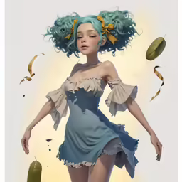an illustration of a girl with curly hair and blue dress, flying confetti on the side