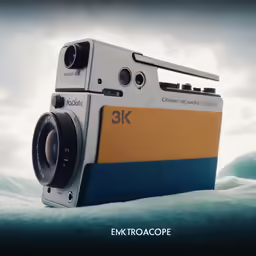 an old, narrow film camera on some ice
