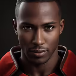a close up of a man with a red jacket