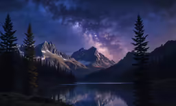 some tall trees near a lake and a mountain