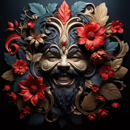 an elaborate mask with a large red flower on top