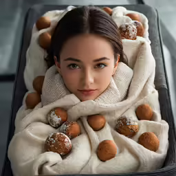 a woman wrapped in a blanket with donuts on it