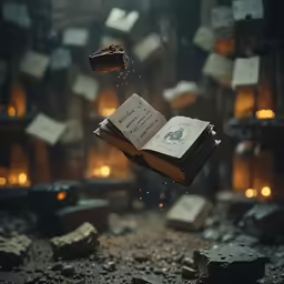 a book falling from the sky with candles around it