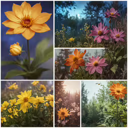 four pictures of different flowers, with trees in the background,a bunch of different flowers in a square arrangement