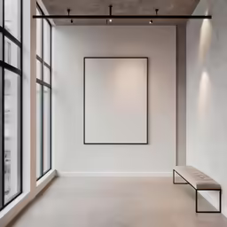 a room with concrete floor, metal railings and square shaped paintings