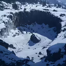 a snow covered mountain top with large cliffs and some trees in the distance