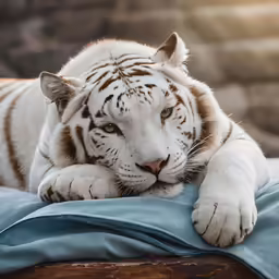 a white tiger laying on top of blue sheets