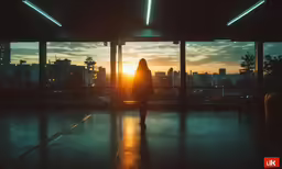 a woman stands in front of an open window at sunset