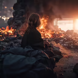 a child is sitting on the ground near a fire