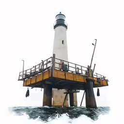 the large light house is in the middle of the water