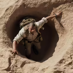 a man with backpack climbing up into a sand pit