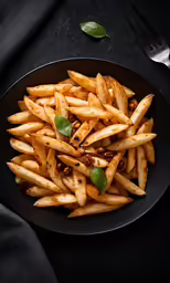french fries are served in a black bowl