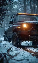 the front of a vehicle is traveling through a snowy forest