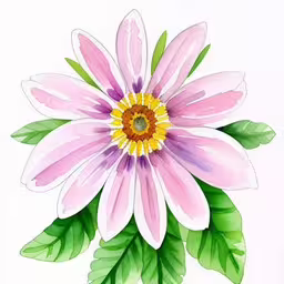 an image of a pink flower with green leaves,a pink flower with green leaves around it