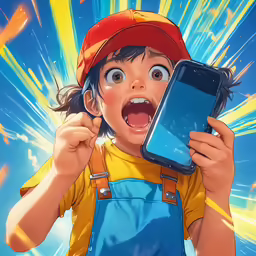 a young boy with an earphone and blue screen holding up a phone