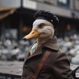 a stuffed duck wearing a hat and a coat