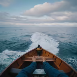 two people in a rowboat on the water
