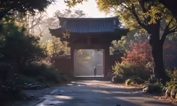 a person walking through an outdoor walkway that has many trees