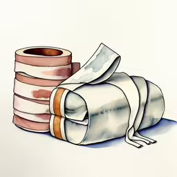 a drawing of a stack of toilet paper next to a roll of toilet paper,a painting of a roll of toilet paper and its edge is curled around it