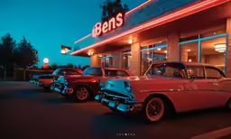 old time cars are parked in front of the store
