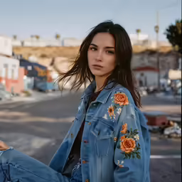 young female wearing jeans sitting down in the street