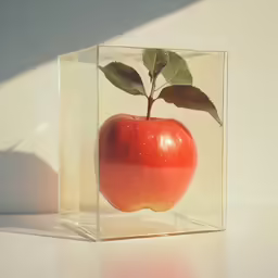 an apple in a box with leaves and some kind of shadow