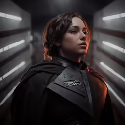 a young woman dressed up as darth vader, in front of a light tunnel