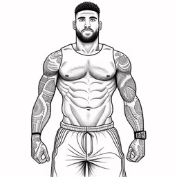 this is a drawing of the character, man with tattoos,a drawing of a man with no shirt on,a drawing of a man with tattoos on his arms and chest,a drawing of a person with some tattoos,a man with no shirt and no pants with tattoos