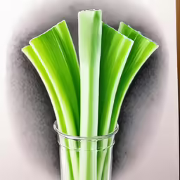 a drawing of some green vegetables in a glass